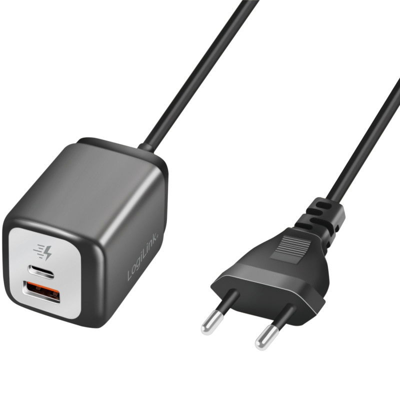 USB-Ladegerät 1xUSB-A + 1xUSB-C mit Festkabel 1,5m GaN 30W