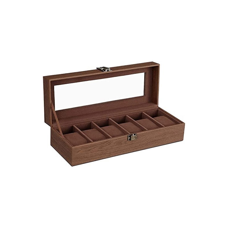 Uhrenbox aus braunem Leder mit Glasdeckel, 6 Fächer