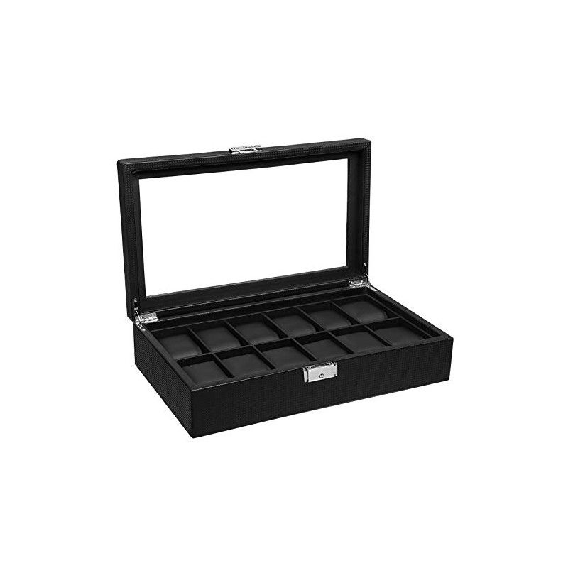 Große schwarze Uhrenbox mit Glasdeckel und 12 Fächern