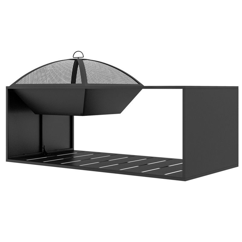 Feuerkorb mit Funkengitter und Schürhaken, schwarzes Metall