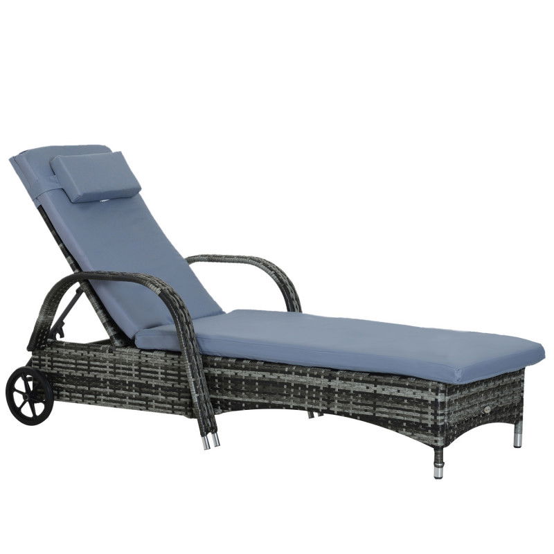 Lettino prendisole grigio in polyrattan con cuscino 200x73x30-103 cm