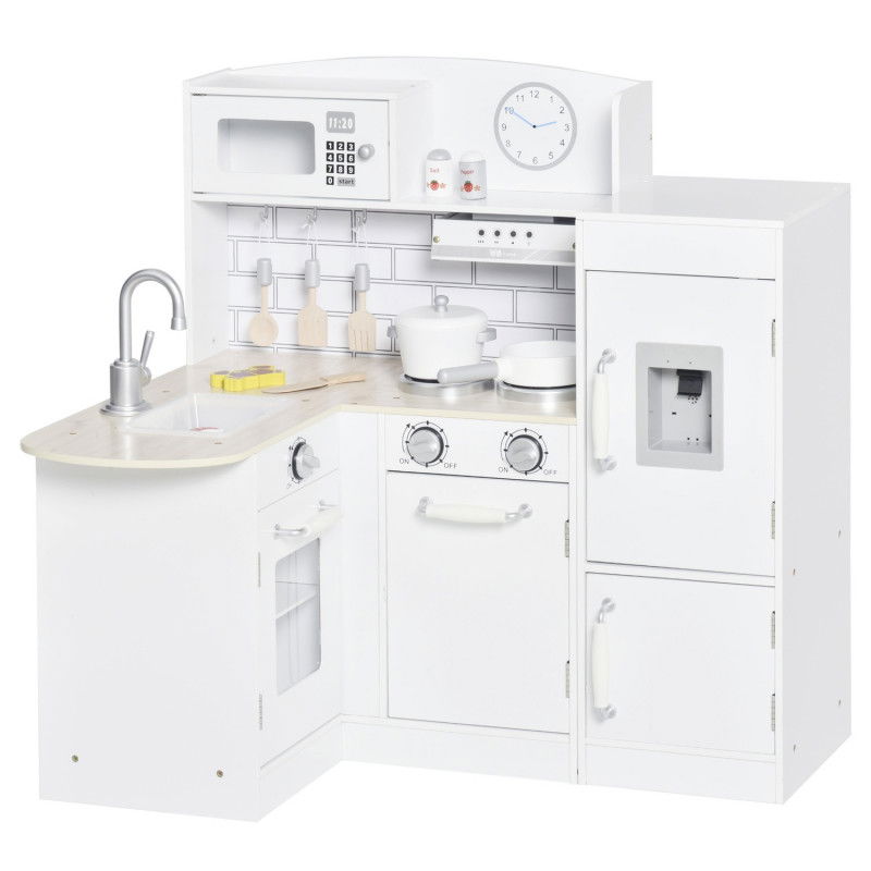 Kinderküche Spielküche mit elektronischem Wasserspender, Mikrowelle und Kühlschrank, Puppenküche mit Backofen, Kochgeschirrset,