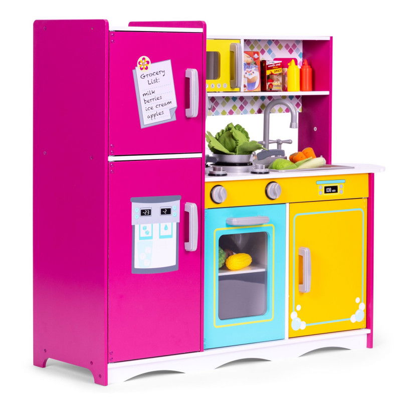 Große Spielküche aus Holz für Kinder, bunt, mit zu öffnendem Kühlschrank, Backofen und Mikrowelle ECOTOYS