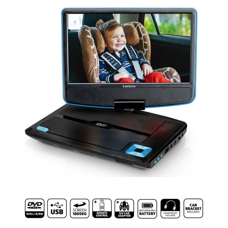 Tragbarer 9-Zoll-DVD-Player mit USB-Kopfhörer und Montagehalterung Blau / Schwarz