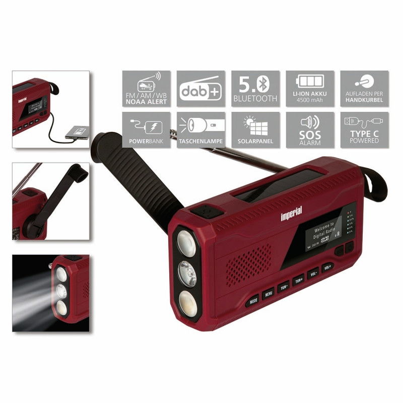 DABMAN OR 2 Radio mobile DAB+ / FM / Bluetooth per esterni / Radio a manovella Rosso