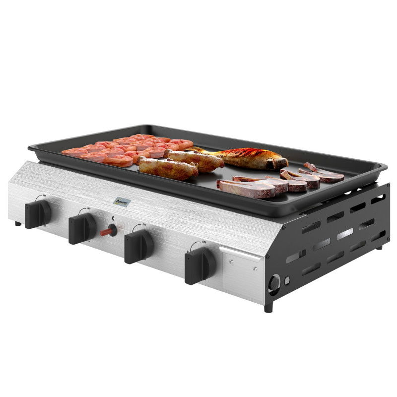 Gasgrill 8000BTU/2,4 KW Grillwagen inkl 4 Edelstahl-Brenner Druckminderer Gasschlauch verstellbare Beine Kochplatte, BBQ Garteng