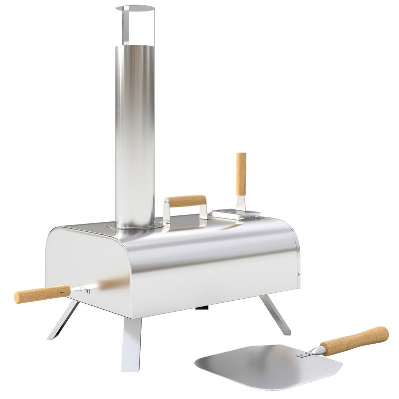 Outdoor Pizzaofen Holzbefeuerter Pizza Ofen aus Edelstahl, Backofen mit 1cm dick Pizzastein Klappbein Pizzaschaufel Deckel Tragb