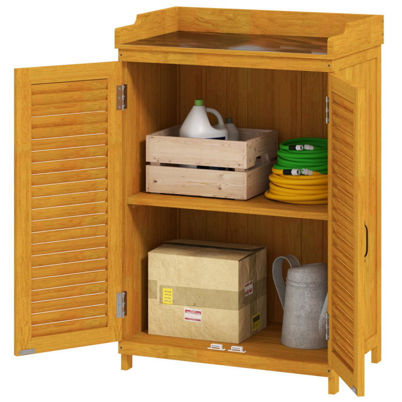 Gartenschrank Holz, Geräteschuppen mit Arbeitsfläche, wetterfest Geräteschrank, 65,5x40x98,5cm, Gerätehaus mit Lamellentür, Abla