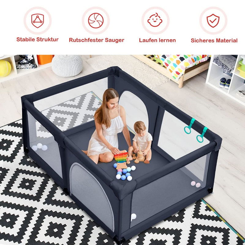 Baby Laufstall mit 50 Spielbällen Laufgitter mit Netz und Reißverschluss 120 x 190 cm Dunkelgrau