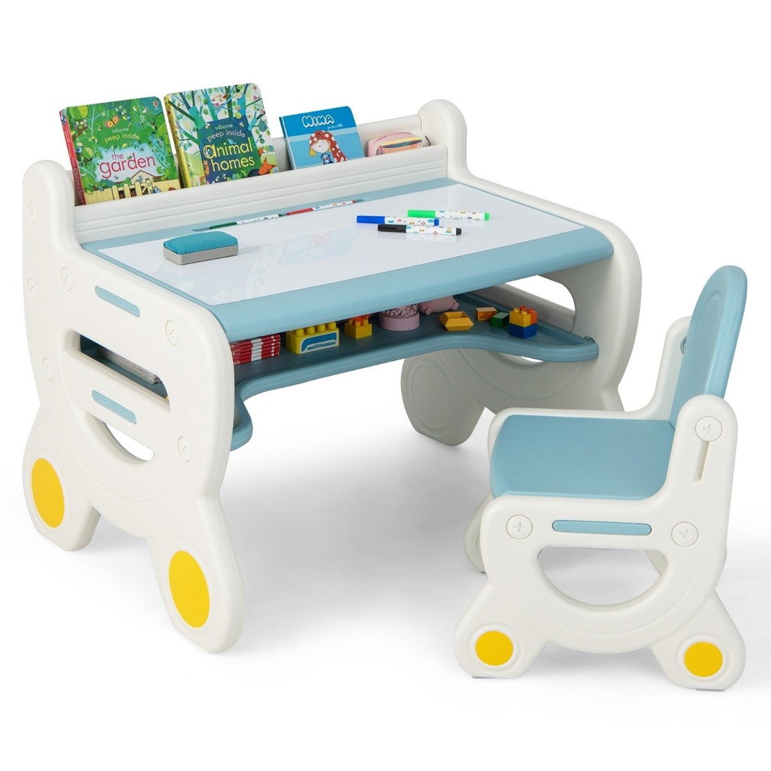 Table Chevalet Baleine 4-en-1 Pour Enfant – Tableau Blanc Double Face, Banc Inclus, Dès 1 An (bleu/orange)