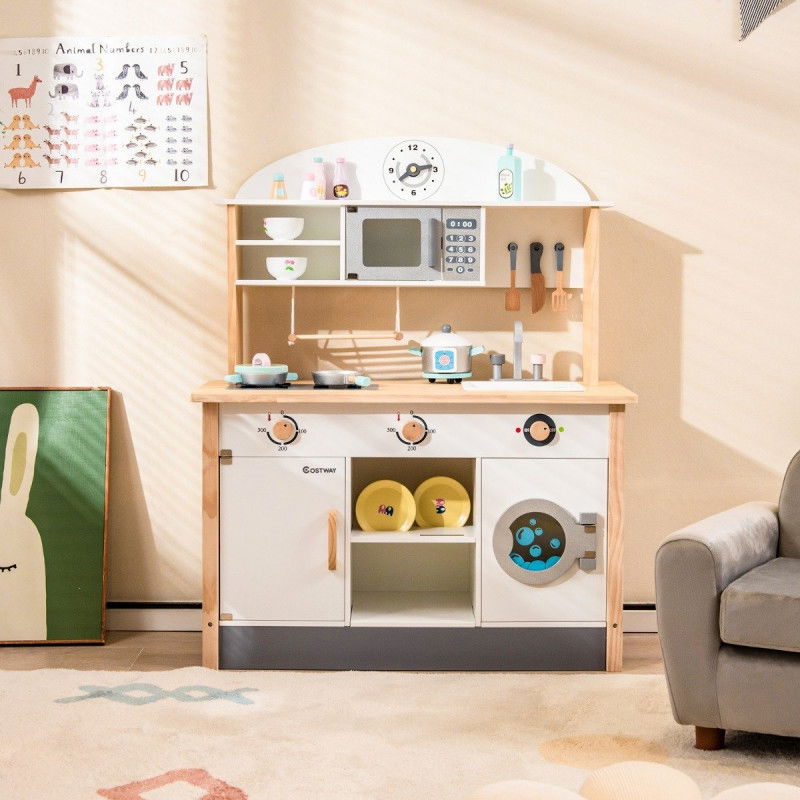 Kinderküche aus Holz inkl. 17 Zubehör mit Mikrowelle & Waschmaschine & Herde Weiß