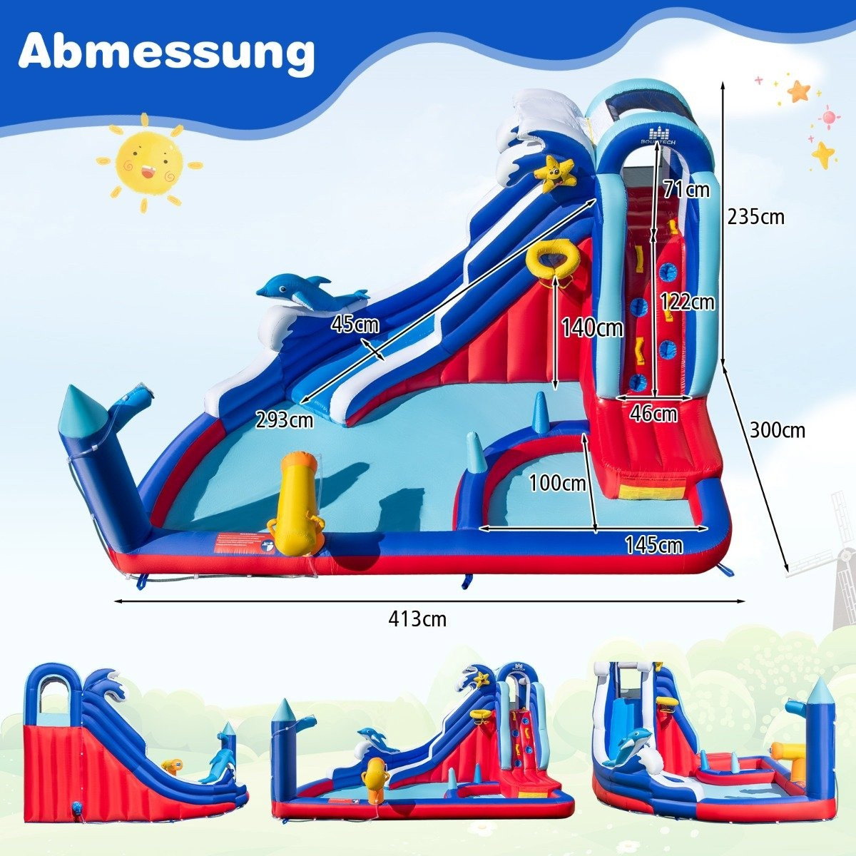 Maisonchic – Château gonflable avec toboggan aquatique et mur d'escalade – Charge 90kg pour 3 enfants – Dimensions 693x295x263 cm – Installation facile Maisonchic – Château gonflable avec toboggan aquatique et mur d'escalade – Charge 90kg pour 3 enfants – Dimensions 693x295x263 cm – Installation facile