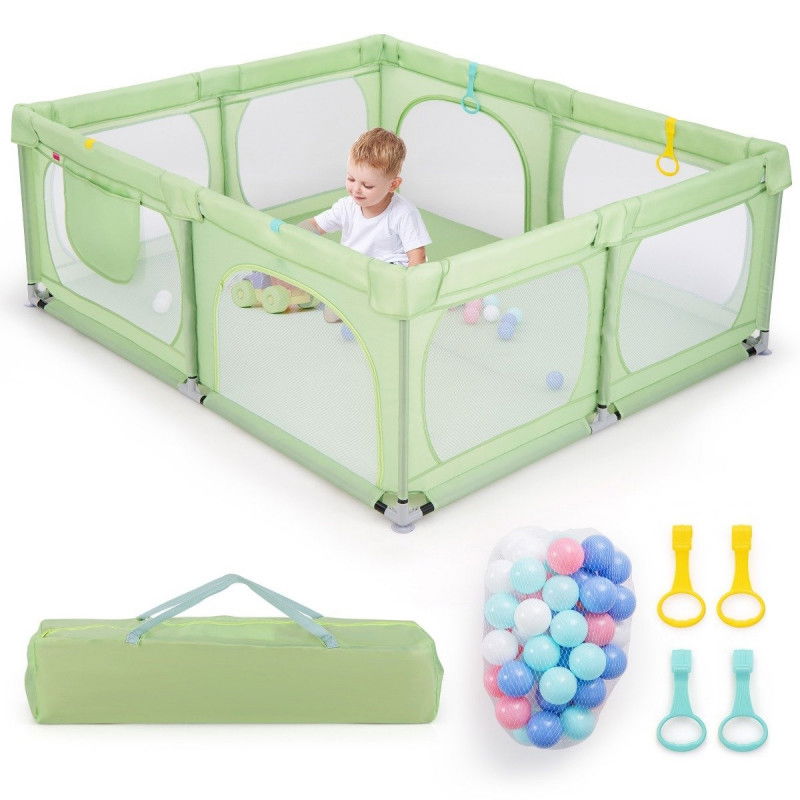 Baby-Laufgitter mit 4 Zugringen & 50 Ozeanbällen & Atmungsaktives Mesh & Tragetasche Grün