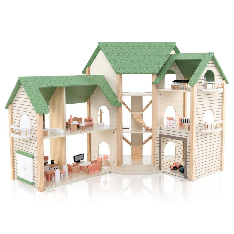 Puppenhaus mit Grünem Dach & 36 Zubehörteilen Spielset 