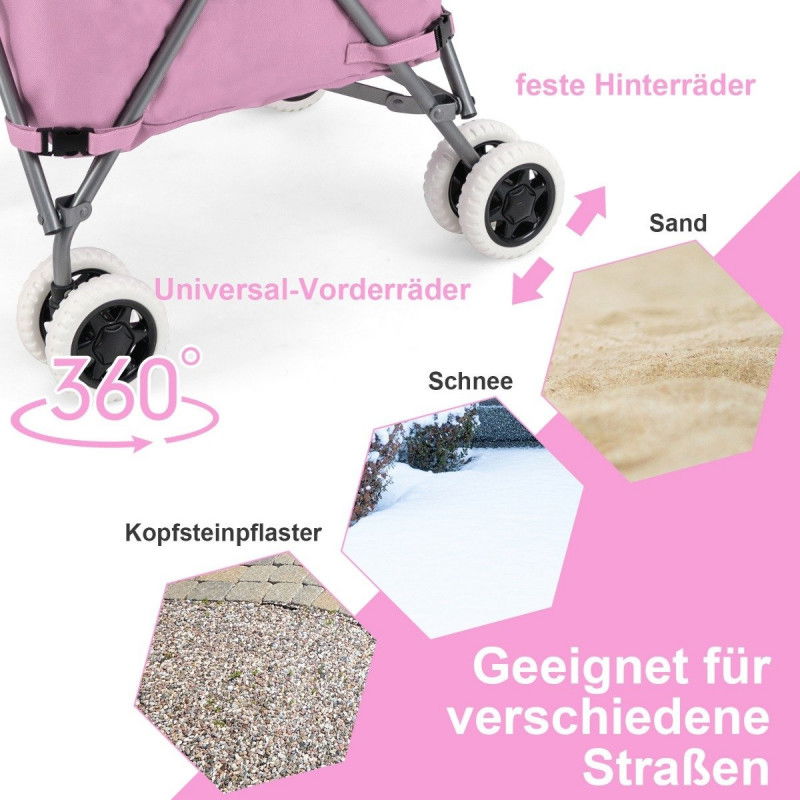 Faltbarer Einkaufstrolley mit Rädern Kapazität 90 L/55 kg Handwagen mit Abnehmbarer Oxford-Tasche Rosa