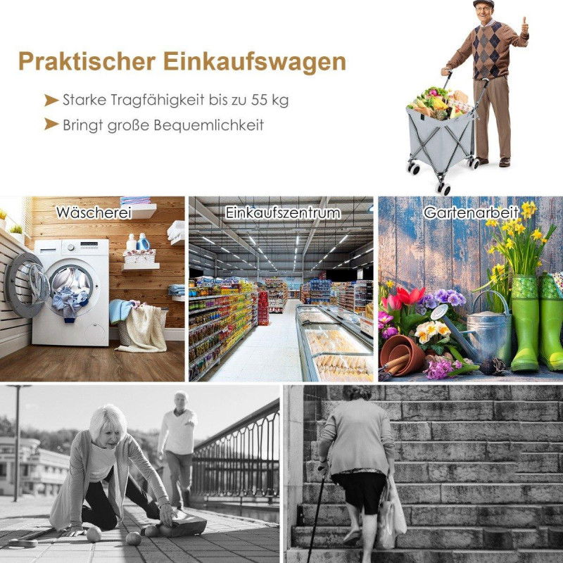 Faltbarer Einkaufstrolley mit Rädern Kapazität 90 L/55 kg Handwagen mit Abnehmbarer Oxford-Tasche Grau
