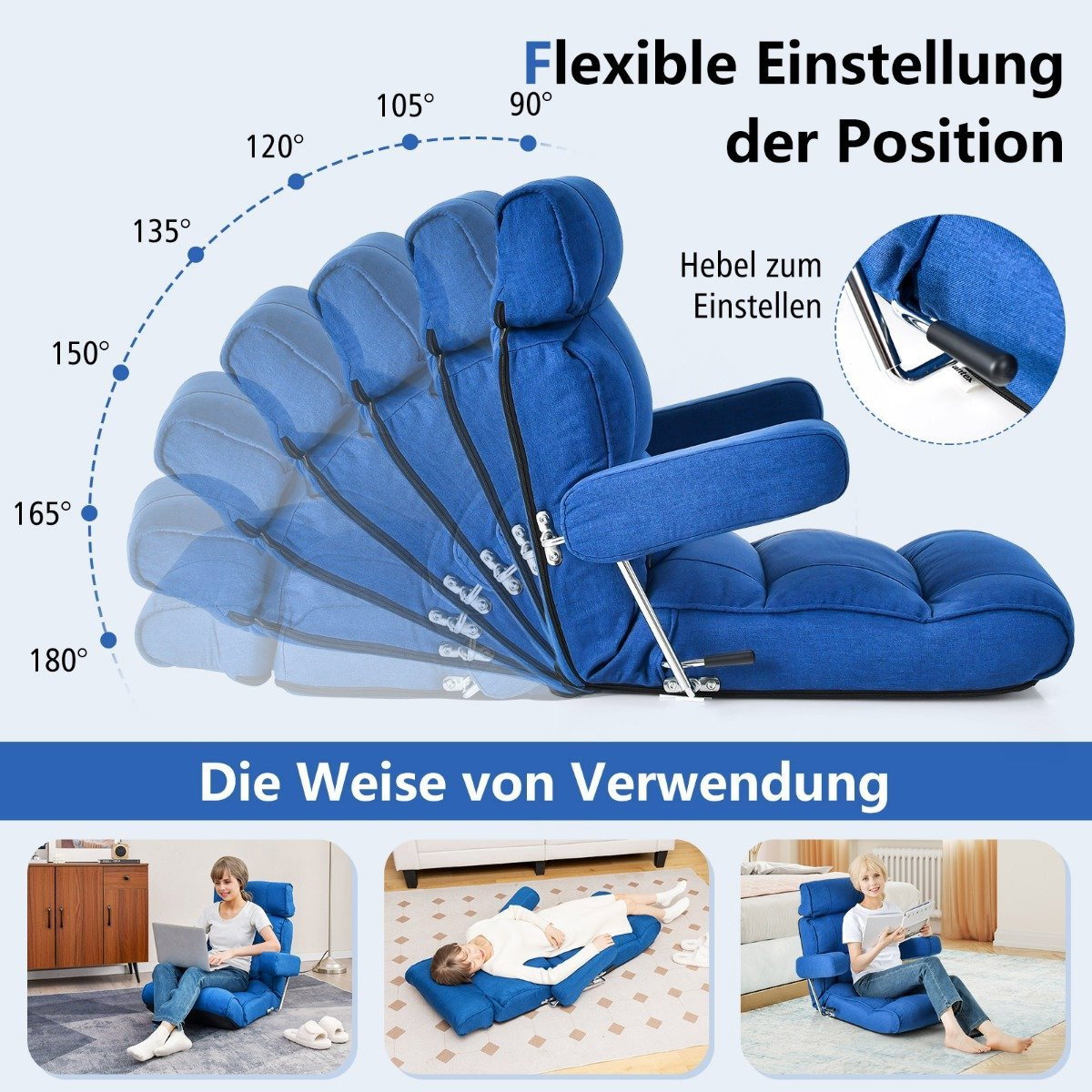 Divano da terra pieghevole Bond con schienale regolabile 80 x 72 x 75 cm blu