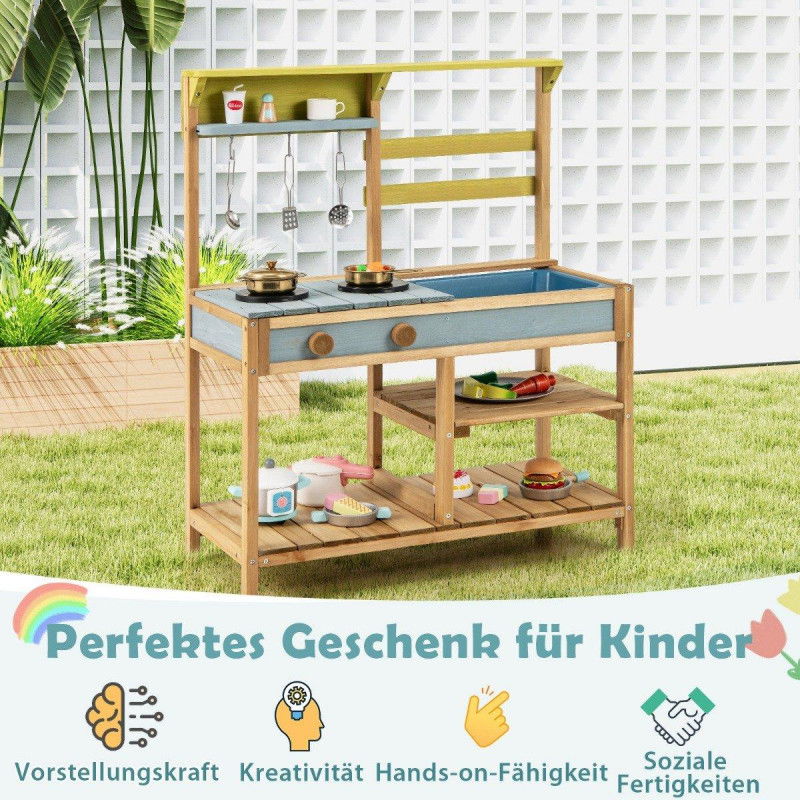 Matschküche Kinder Spielküche aus Fichtenholz mit Herd Drehknöpfen & Spüle Natur