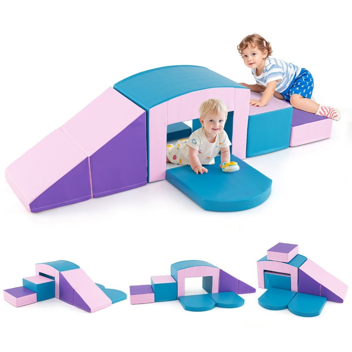 6 PZ. Blocchi da costruzione in schiuma Blocchi da costruzione morbidi con scale a tunnel e amp Rampa Blu + Viola
