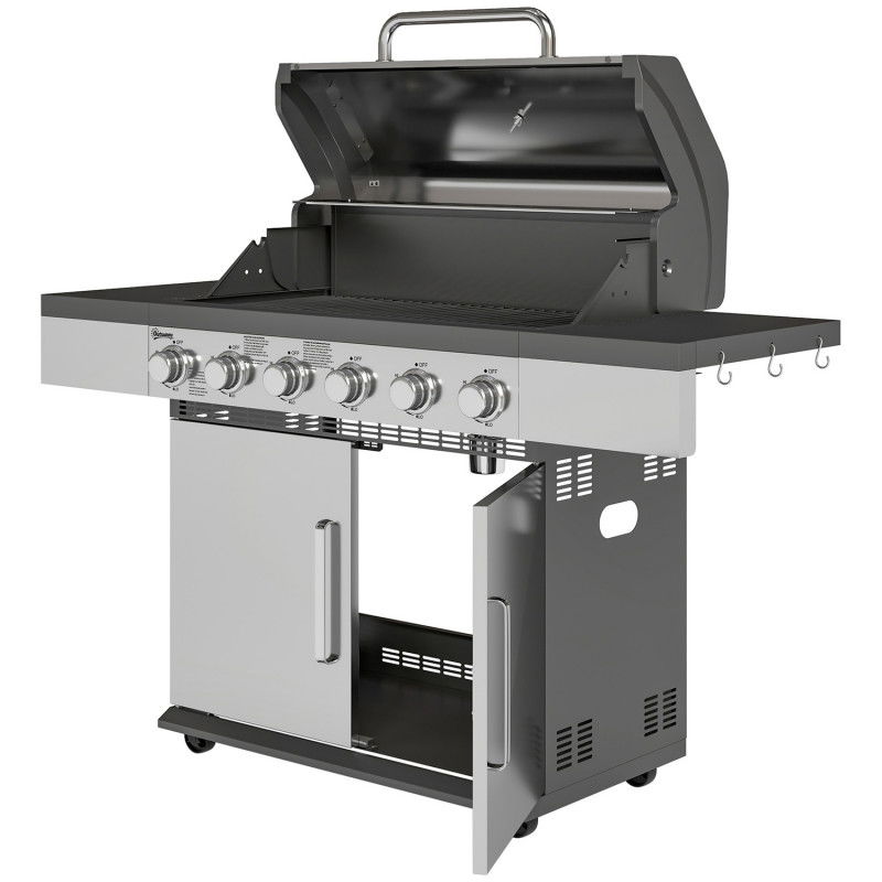 Gasgrill 8500BTU Grillwagen inkl 6 Edelstahl-Brenner Rolle Thermometer Druckminderer Gasschlauch Deckel Seitenablagen, BBQ Garte
