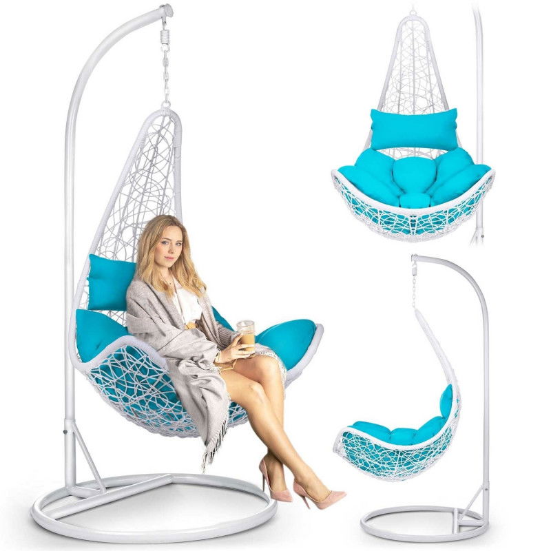 Sedia a dondolo sospesa da giardino Cabana bianca + cuscini blu