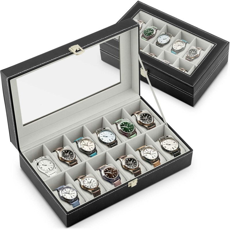 Luxuriöse Uhrenbox für 12 Uhren Massido MS-710 Schwarz und Beige