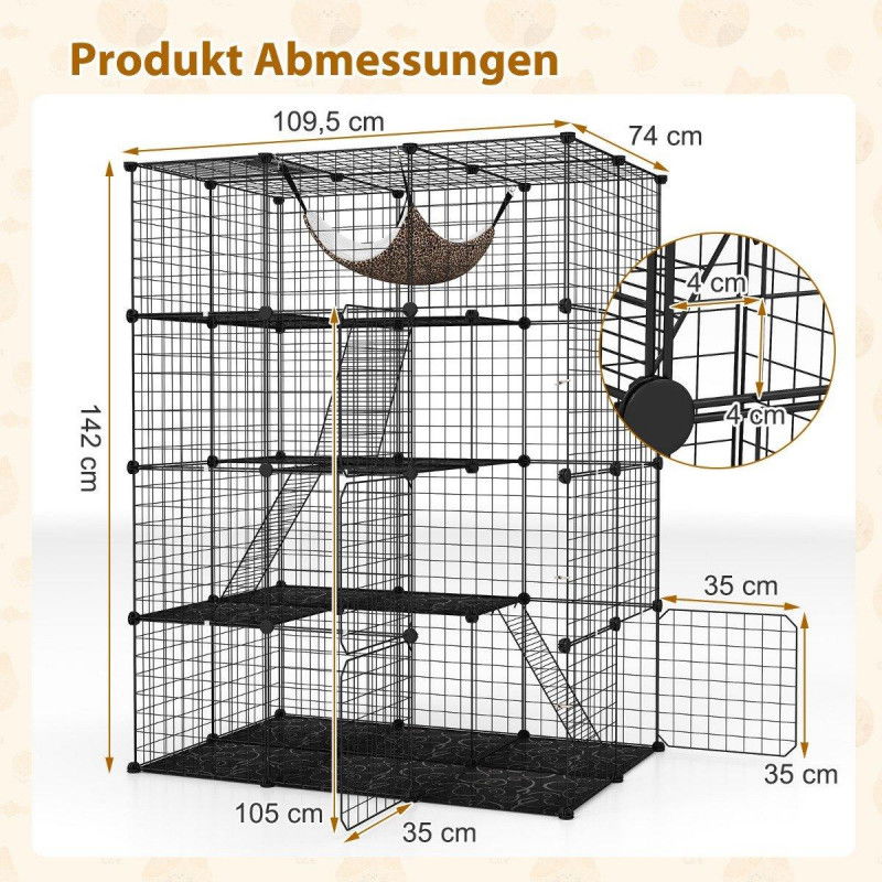 Katzenkäfig 4-stöckig große Katzengehege mit Hängematte 3 Leitern 4 Türen & Dachfenster