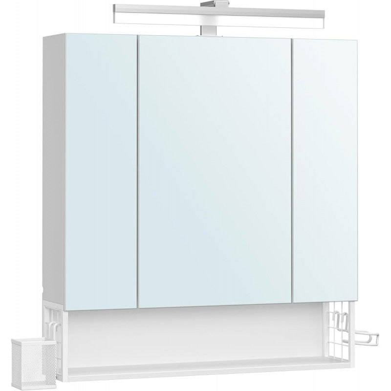 Badezimmerschrank mit 3 Türen, Spiegelschrank, Hängeschrank, Steckdosen, Hängekorb, Föhn