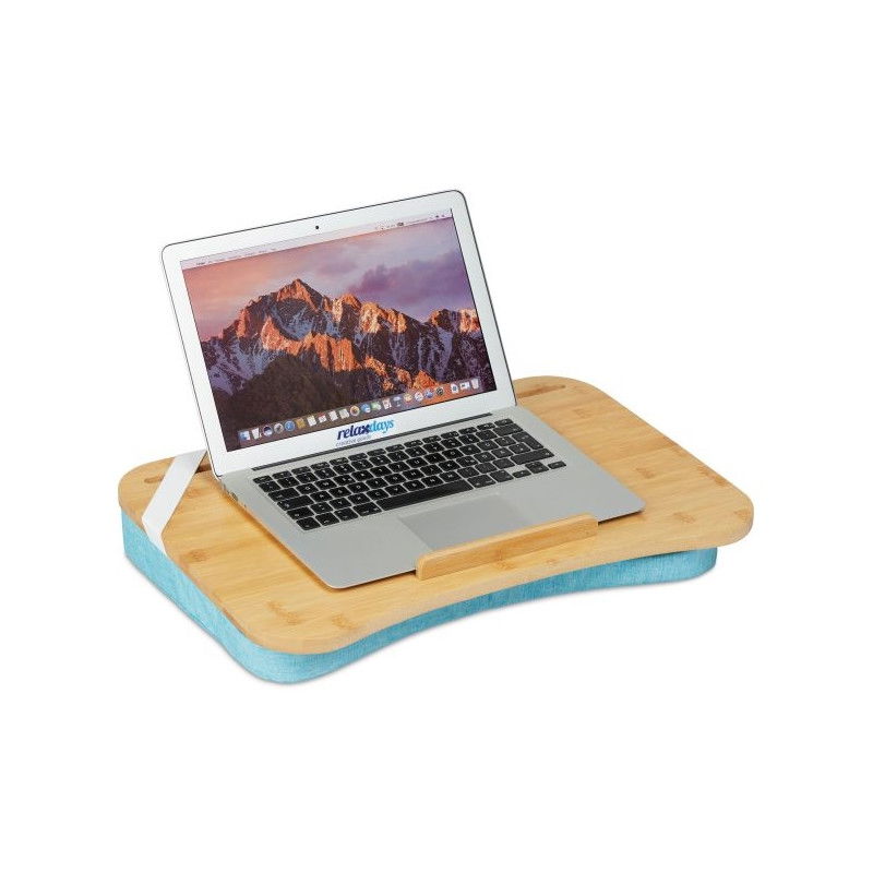 Scrivania da lavoro blu con vassoio in bambù