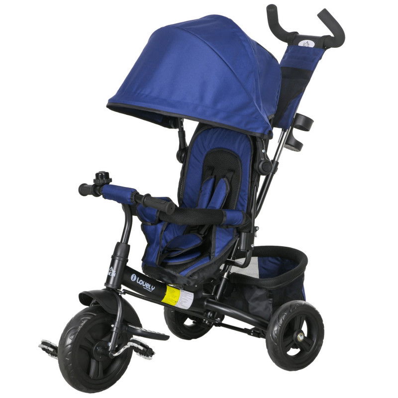 Triciclo per bambini, bicicletta per bambini, cestino posteriore, portabicchieri, capottina parasole, metallo, blu scuro
