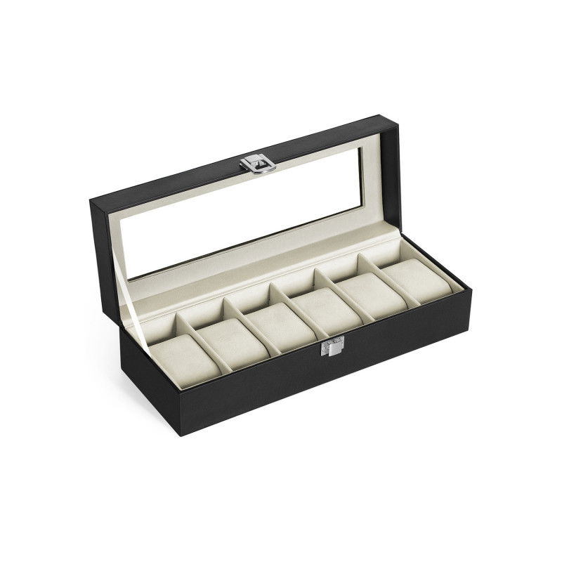 Uhrenbox mit 6 Fächern, Uhrenetui mit Glasdeckel, Uhrenkissen aus Samt, Uhrenhalter mit Verschluss