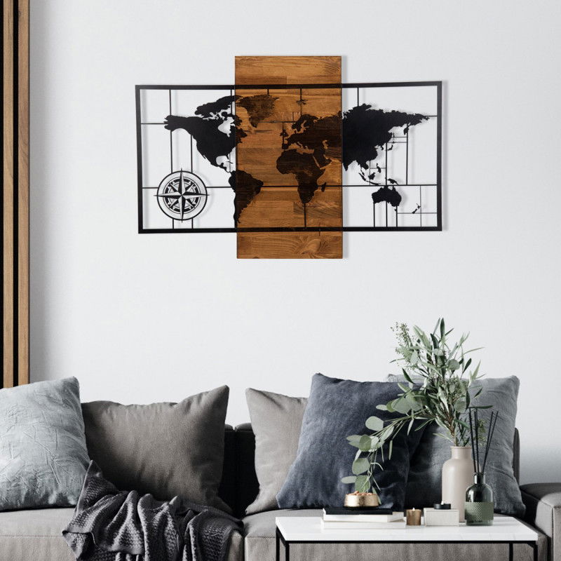 Accessoire Mural Décoratif En Bois Carte Du Monde Avec Boussole