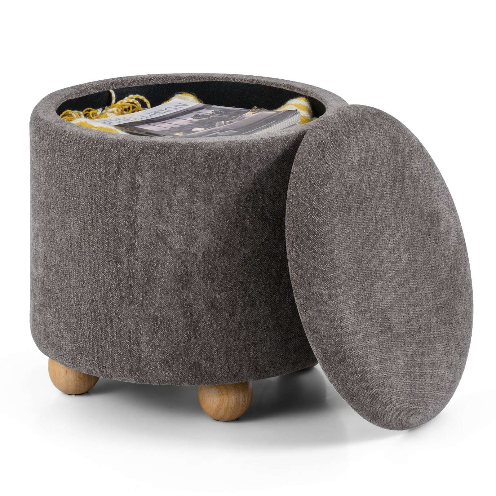 Pouf contenitore rotondo con coperchio rimovibile – Ciniglia grigia