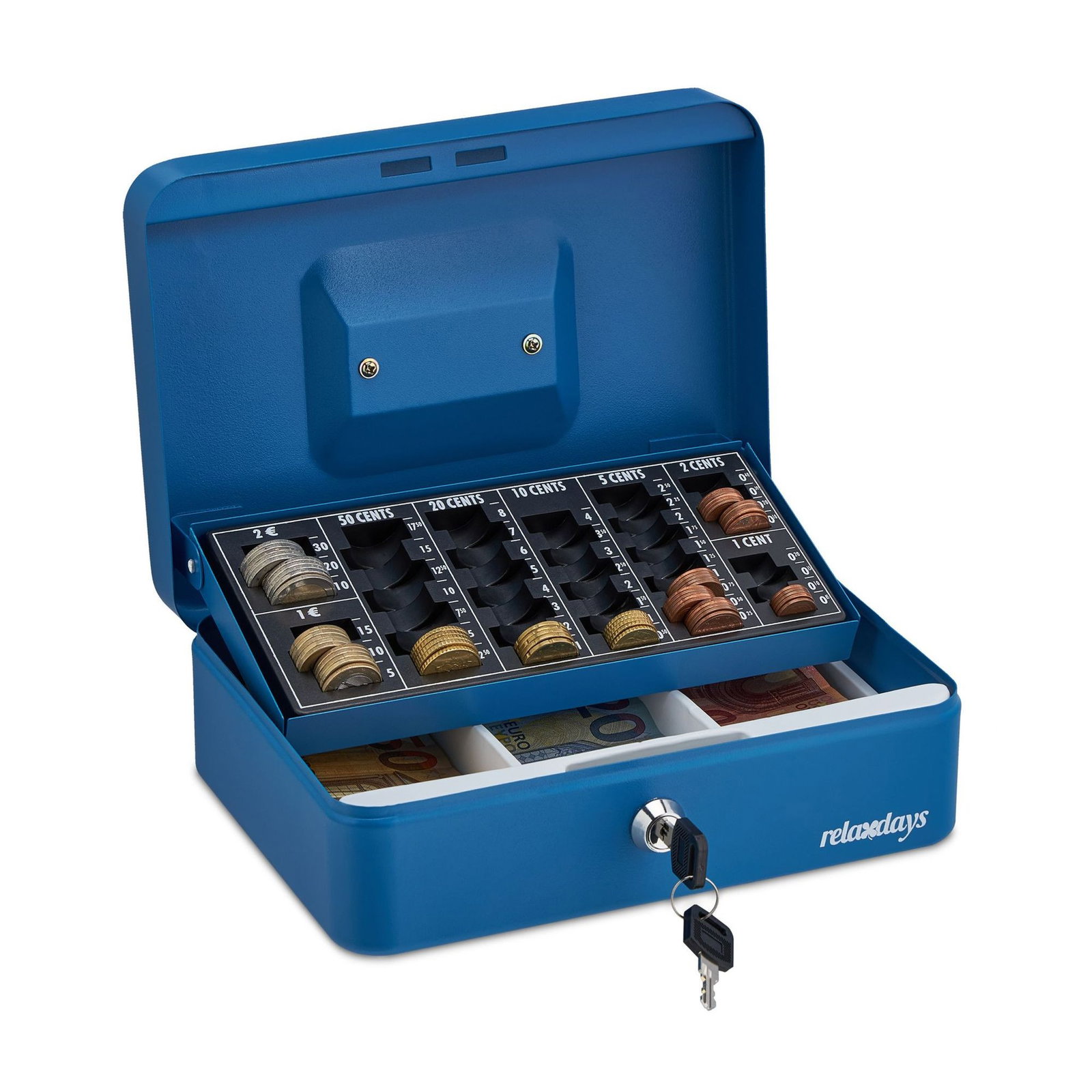 Cassetto portadenaro blu con contamonete