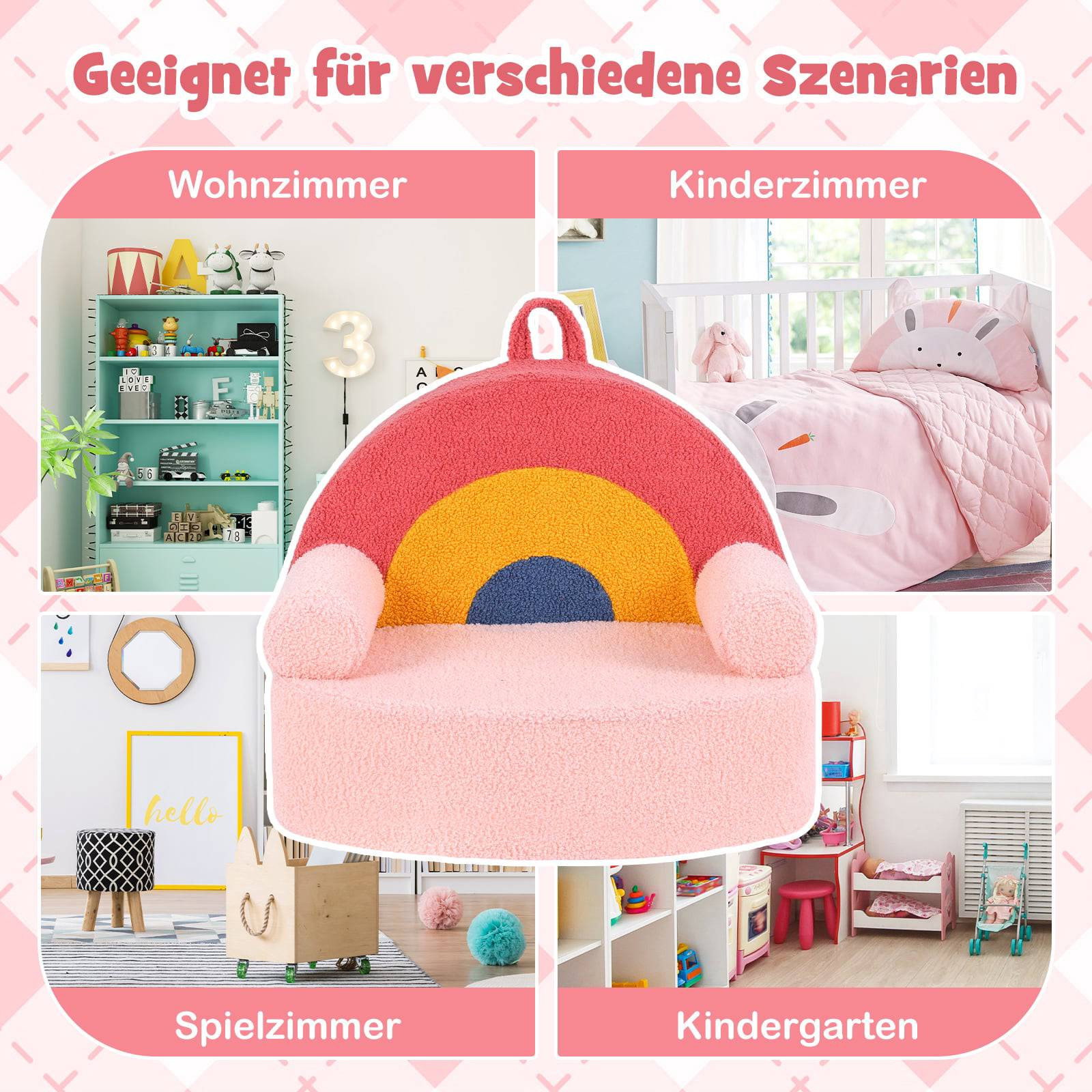 Ergonomisches Kindersofa mit Plüschschaum, Design in Rosa Regenbogen