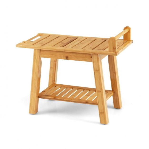 Banc de douche en bambou, étagère de rangement, barre d'appui, 60 cm
