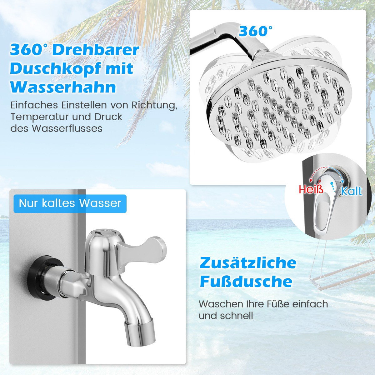 Solardusche für den Außenbereich, 60 l, 227 cm – Schwenkbarer Duschkopf, Fußarmatur