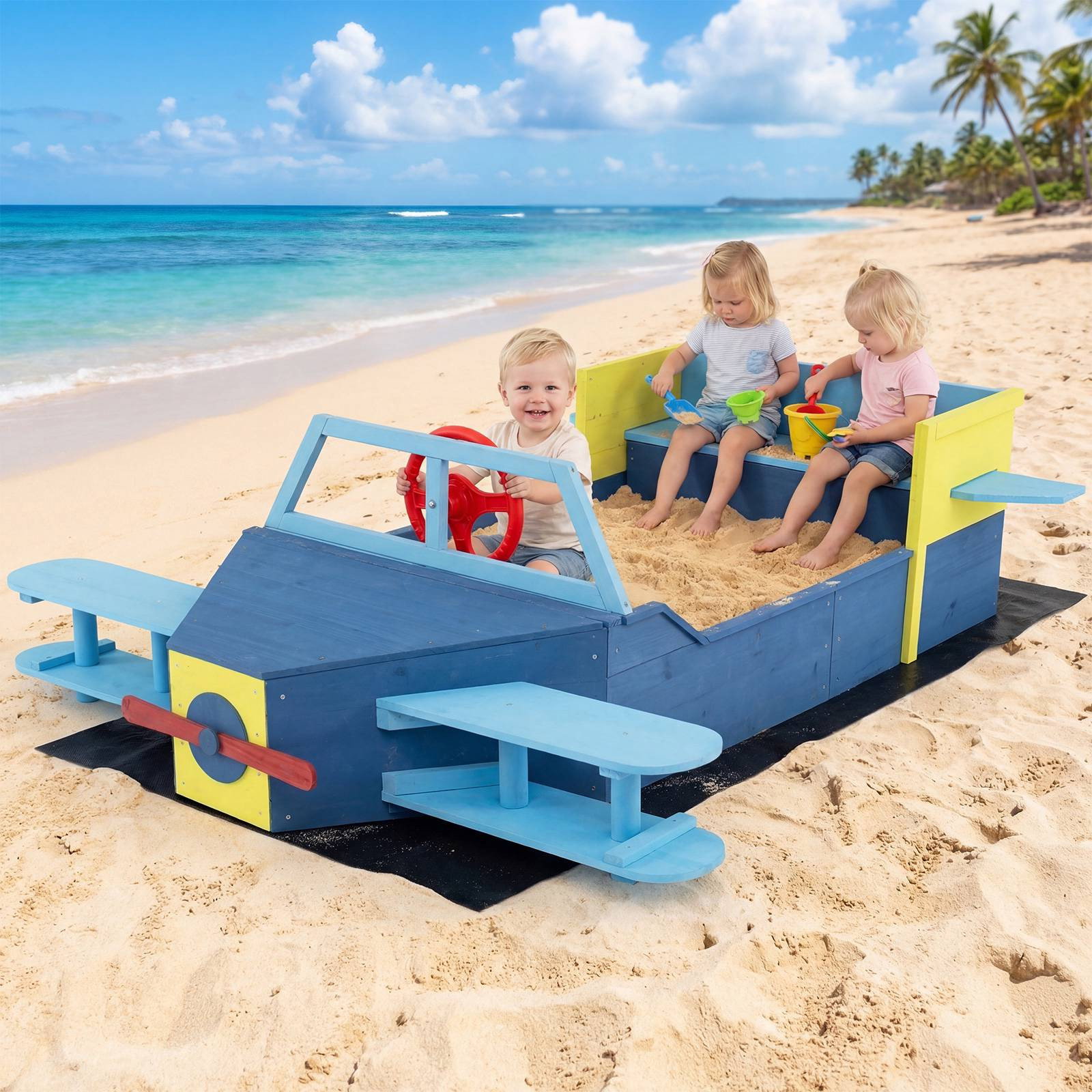 Bac à sable en bois pour enfants avec banc et fond doublé, bleu