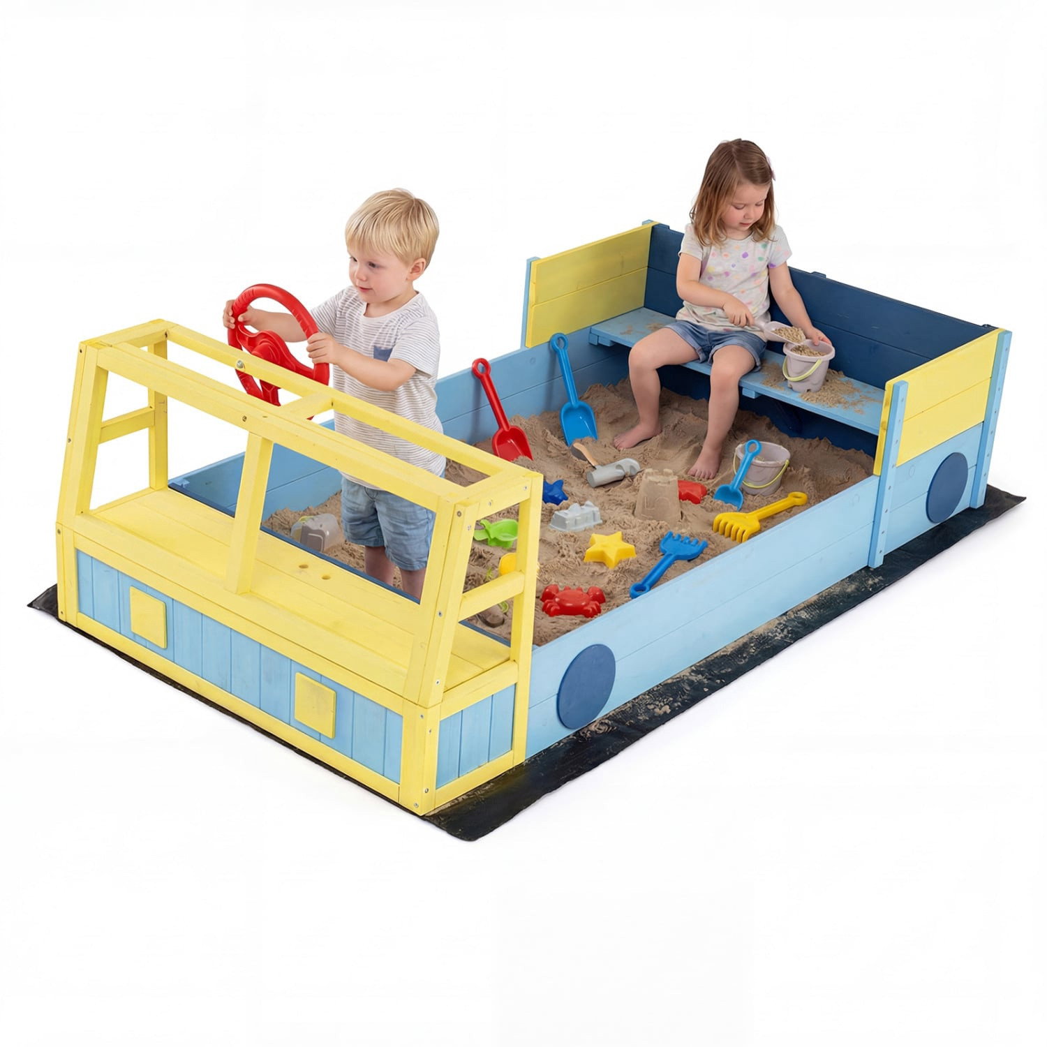 Bac à sable en bois pour enfants avec banc et fond doublé, bleu