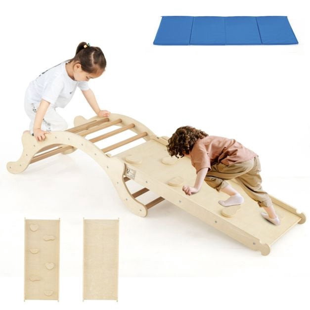 Arche d'escalade en bois pour tout-petits – Rampe et tapis, 3 en 1
