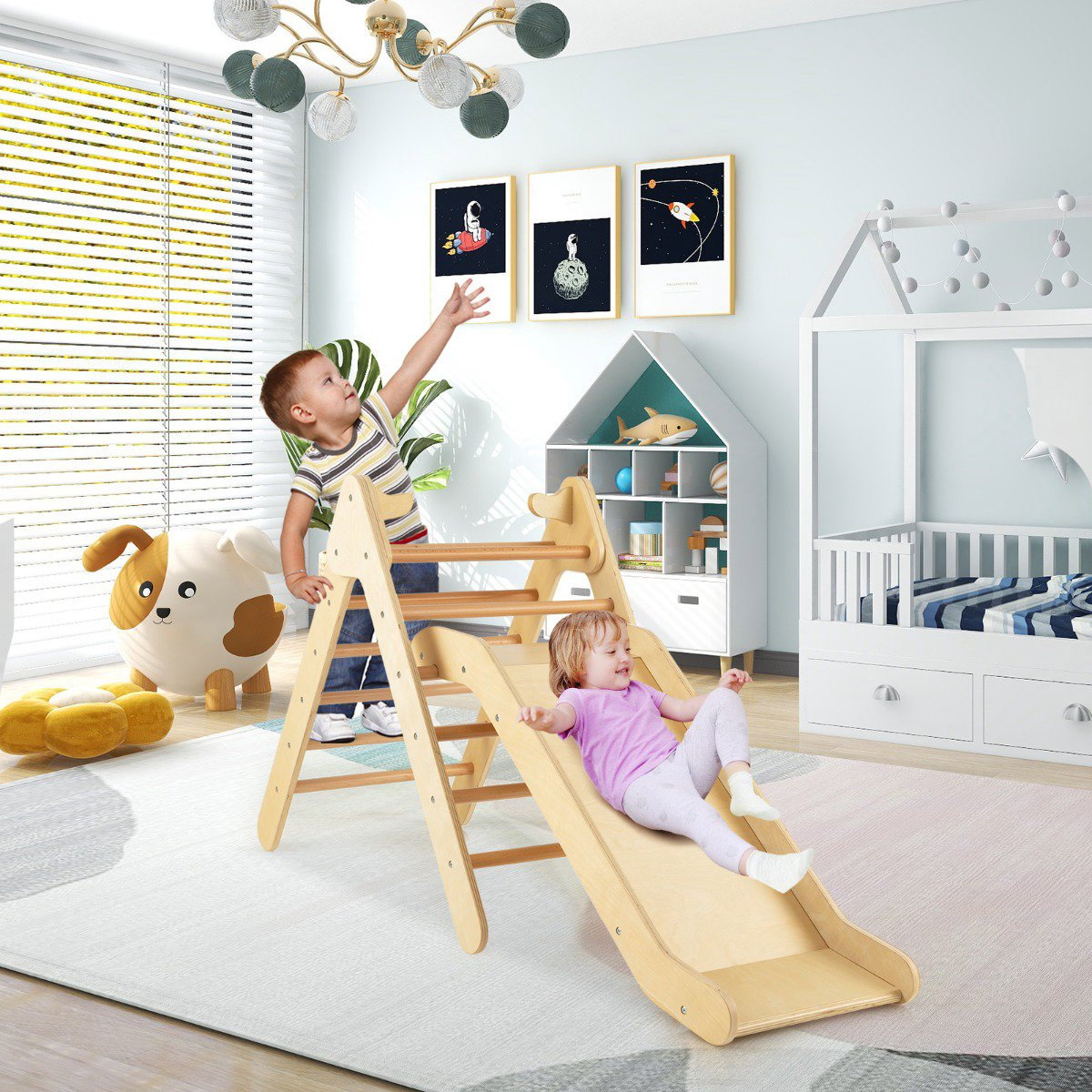 Triangle d'escalade en bois pour enfants – Toboggan réglable
