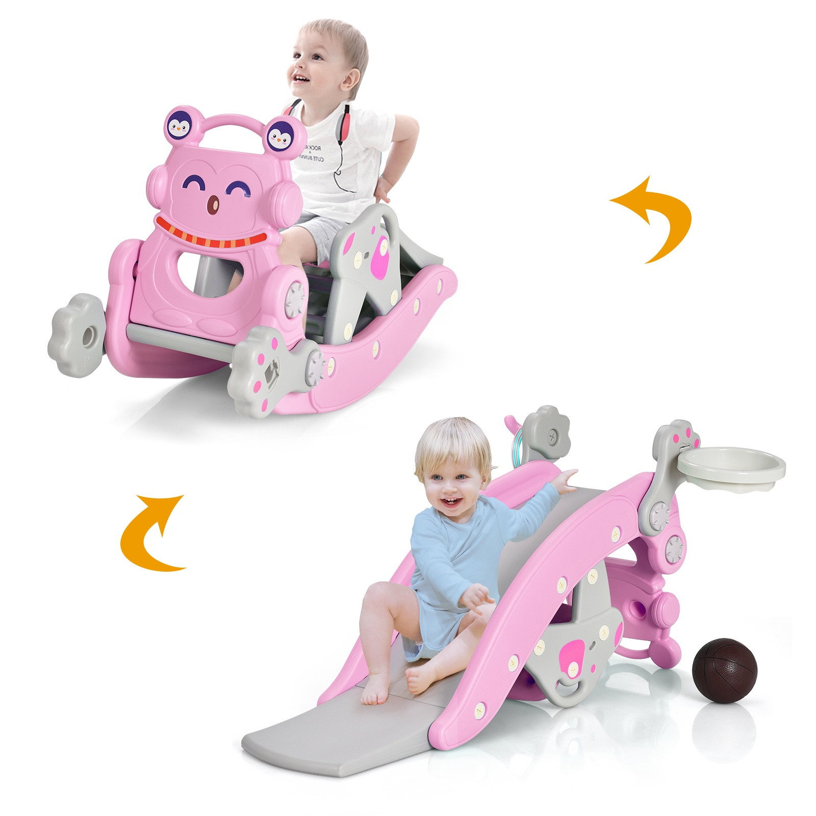 Cheval à bascule et toboggan, ensemble 4 en 1, rose, 1 à 5 ans