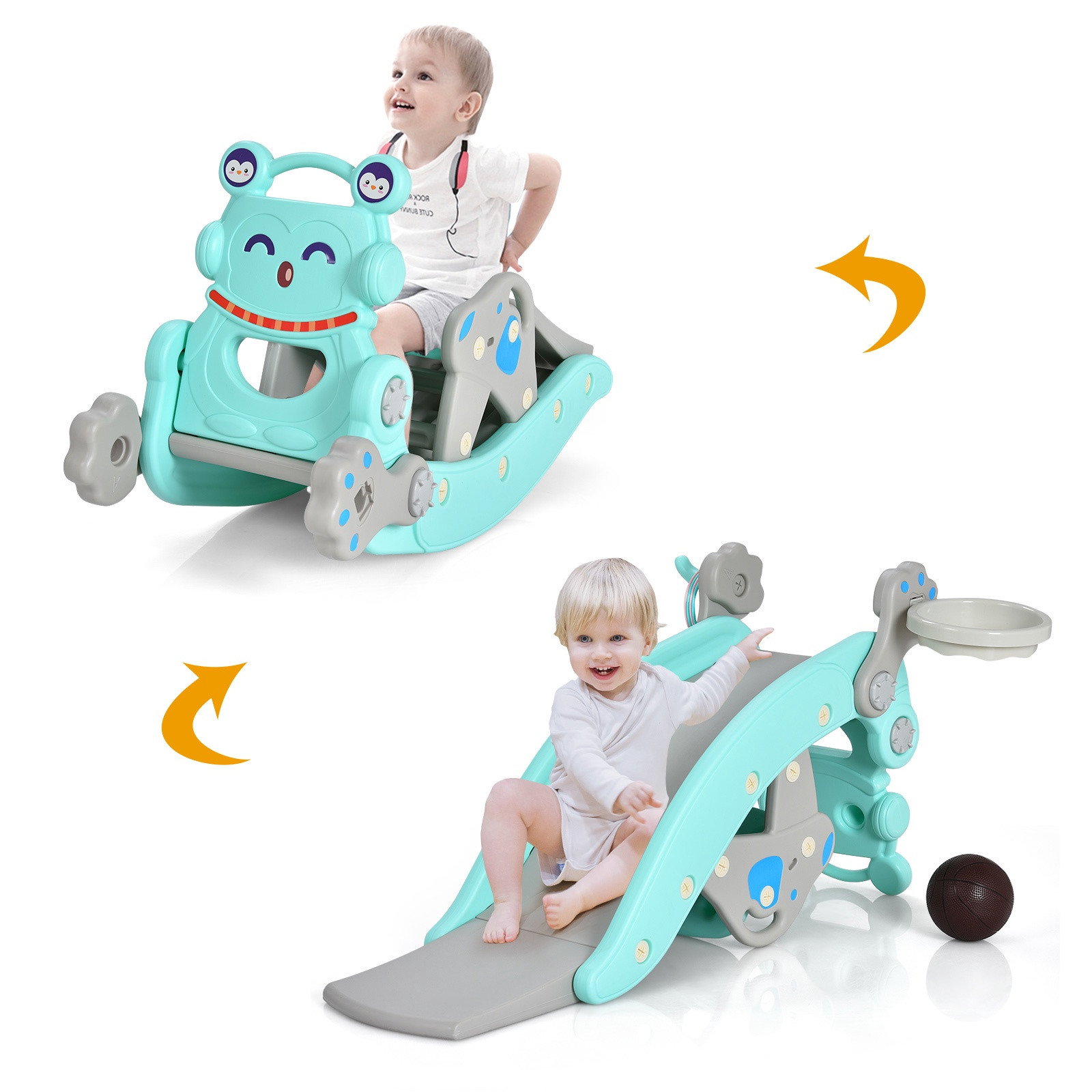 Ensemble de toboggan cheval à bascule 4 en 1 pour enfants – Bleu, PEHD