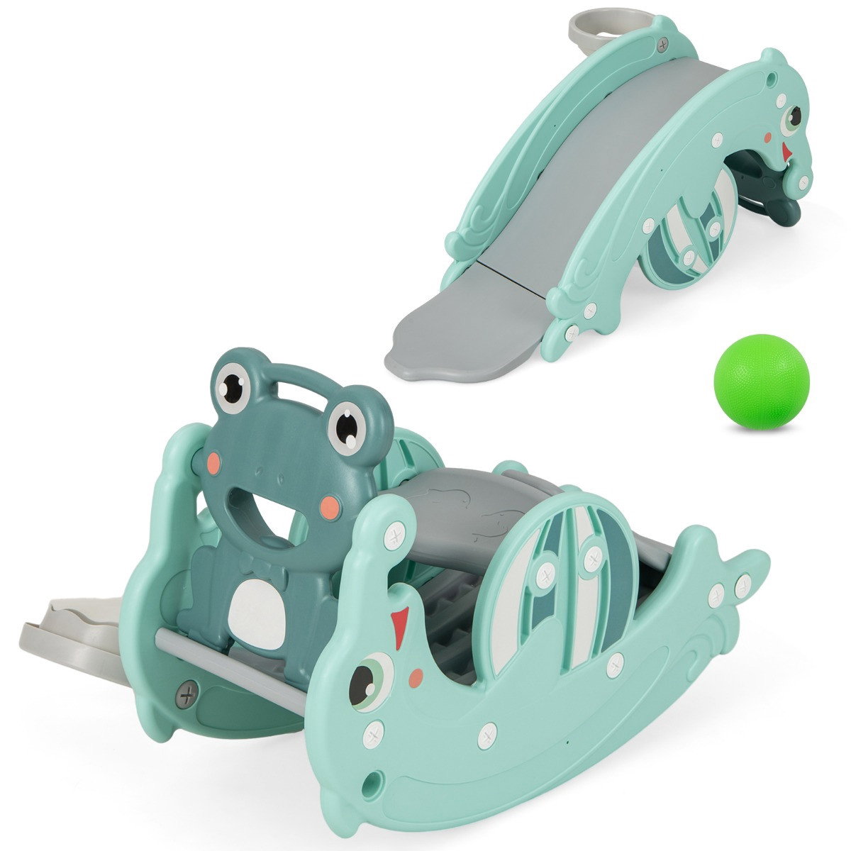Toboggan 3 en 1 pour tout-petits – bascule et panier de basket, vert