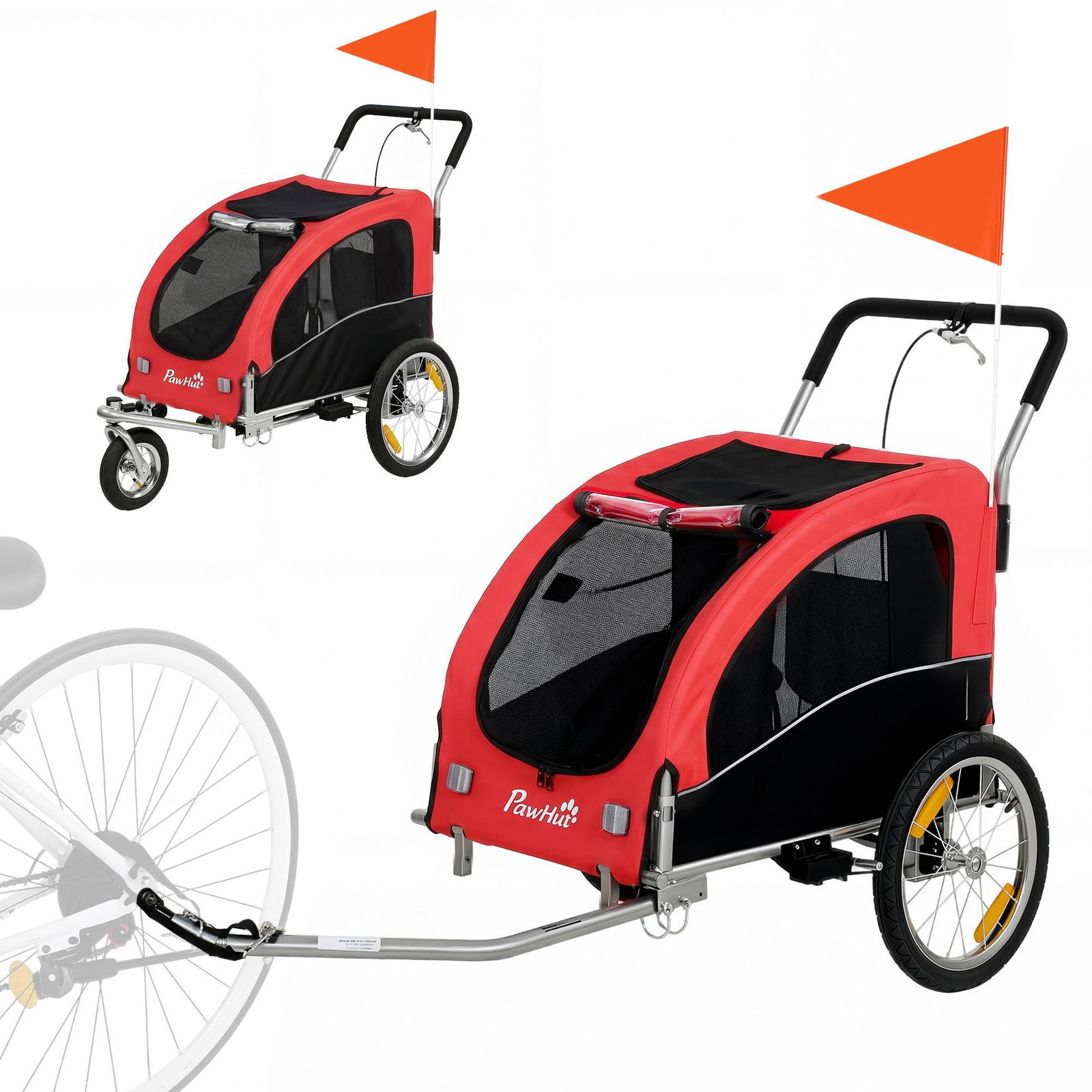 Remorque vélo-poussette pour chien 2 en 1, jusqu'à 20 kg, rouge