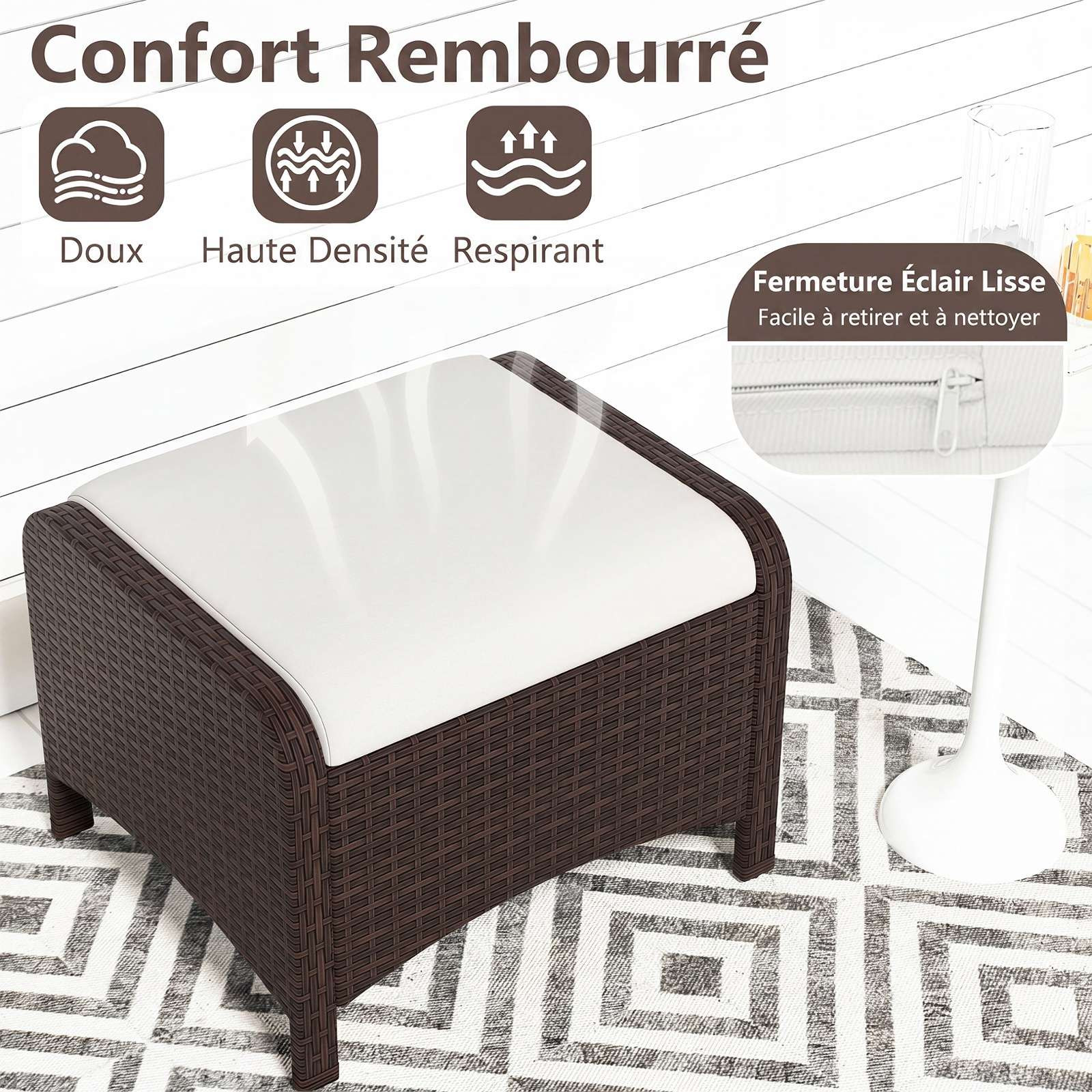 Poufs d'extérieur en rotin, lot de 2, coussins blancs