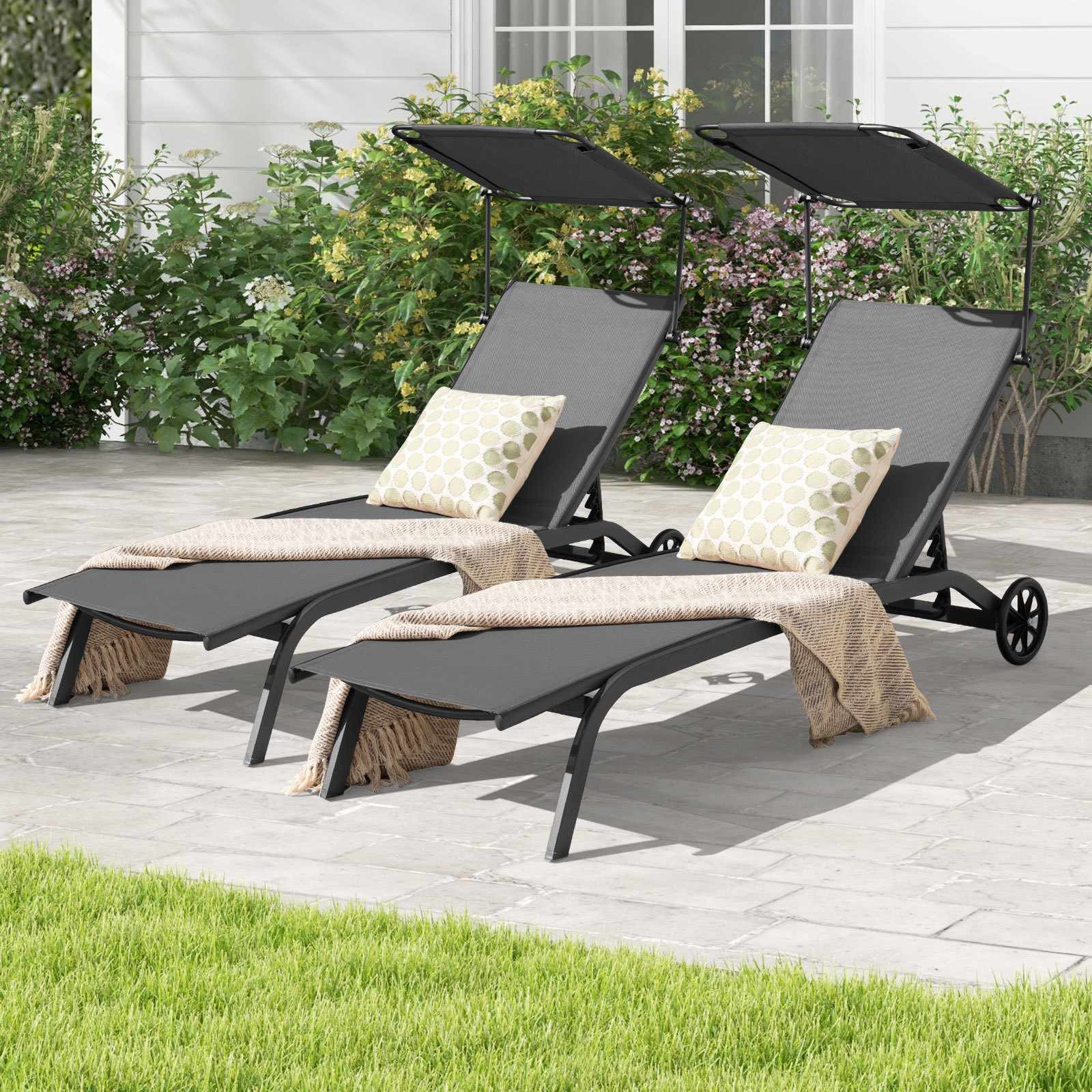 Ensemble de 2 chaises longues inclinables avec auvent et roulettes