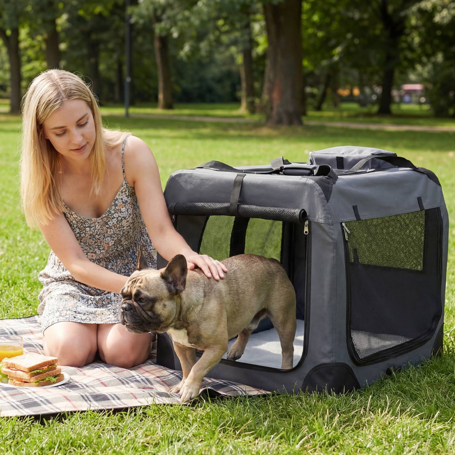 Cage de transport souple pliable pour chien avec fenêtres en filet, grande taille