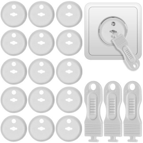 Cache-prises de sécurité enfant, lot de 15 + 3 clés, blanc