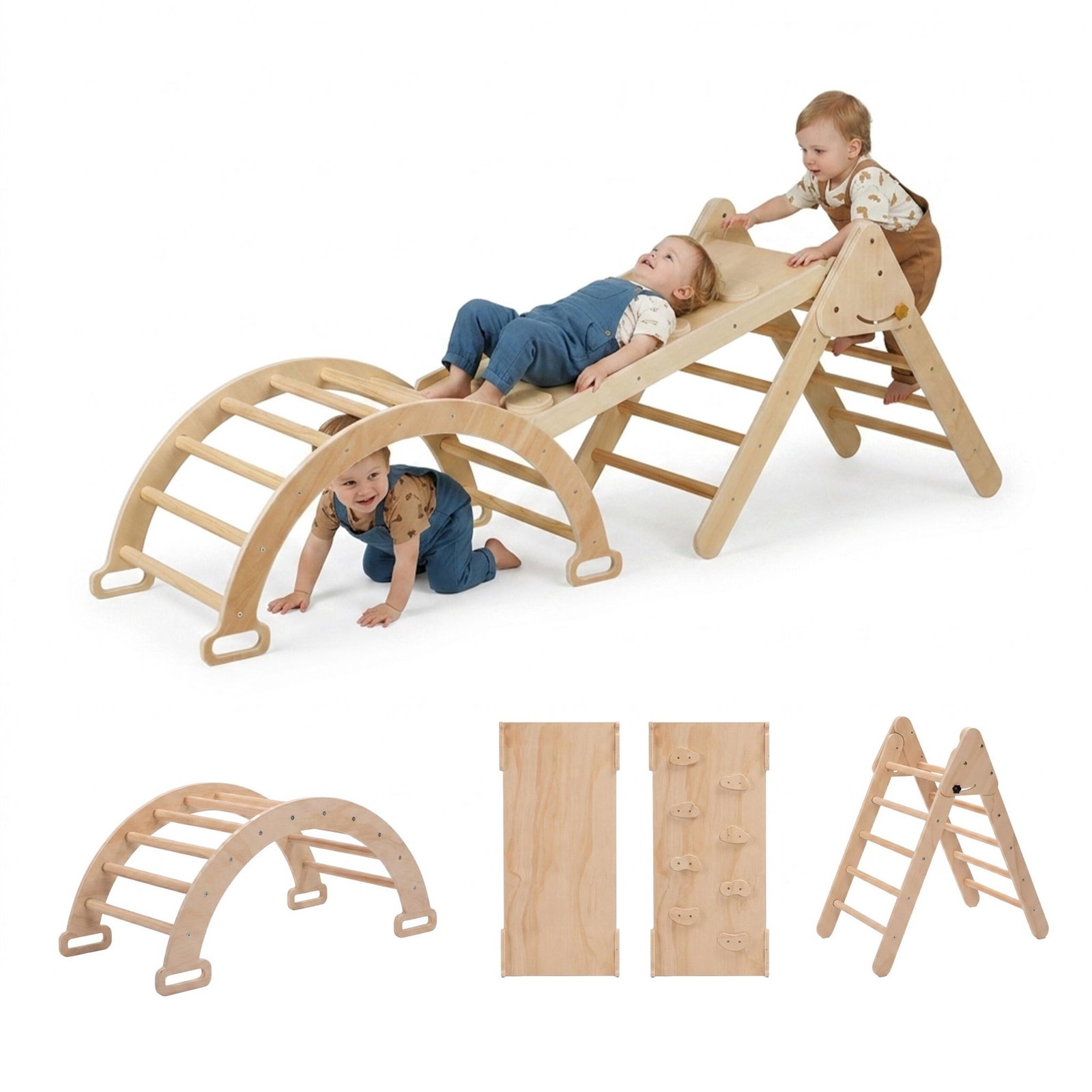 Structure d'escalade en bois 3 en 1 avec toboggan et arche